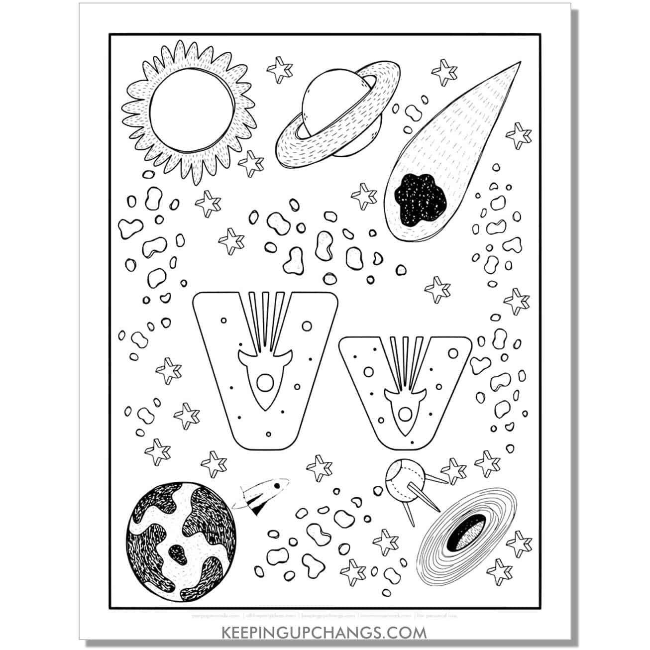 free alphabet letter v coloring page for kids with rockets, space theme.