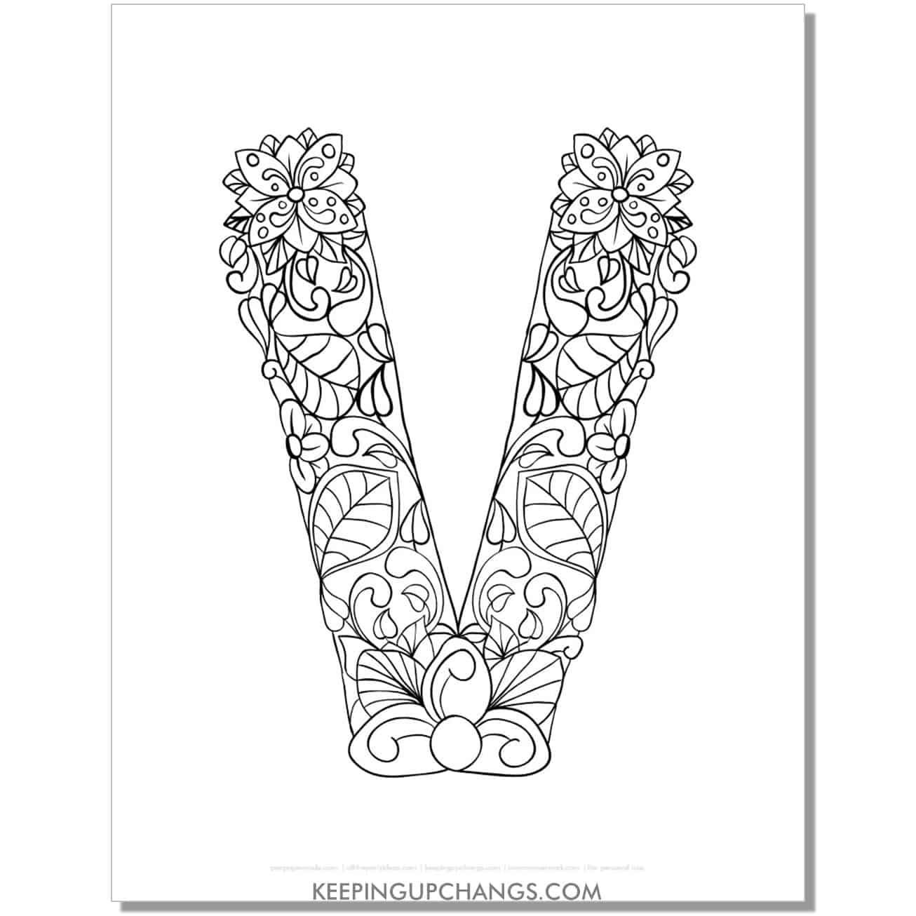 free abc v to color, complicated mandala zentangle for adults.