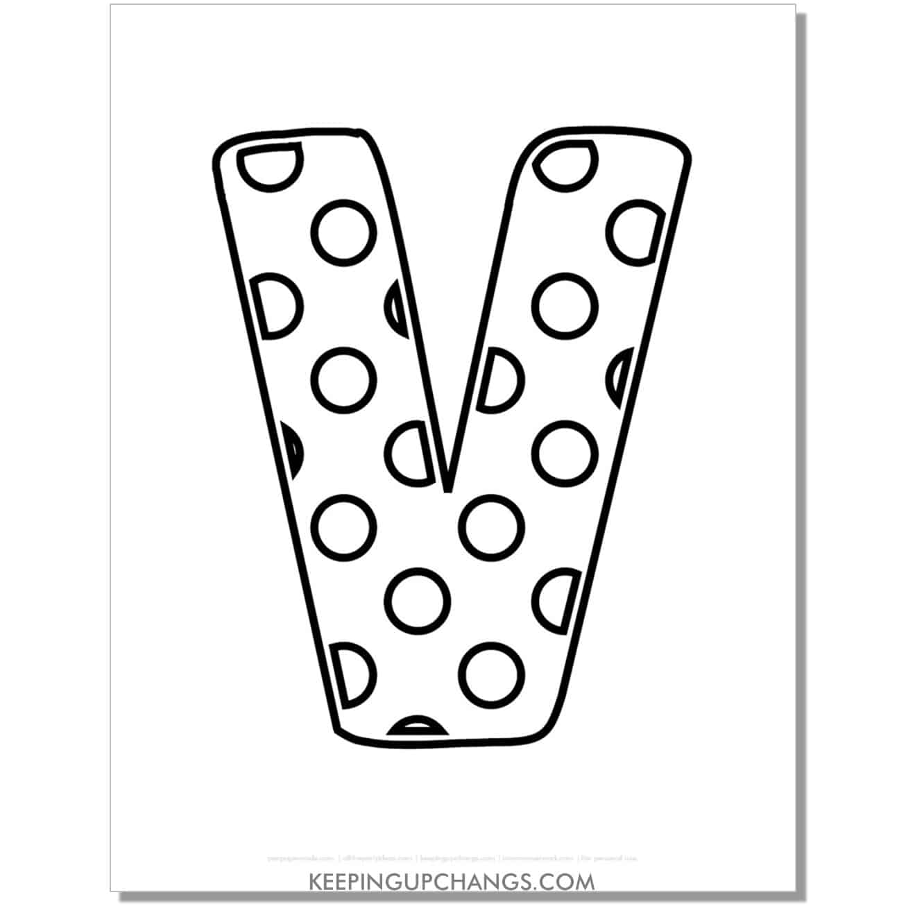 free alphabet letter v coloring page with polka dots for toddlers, preschool, kindergarten.