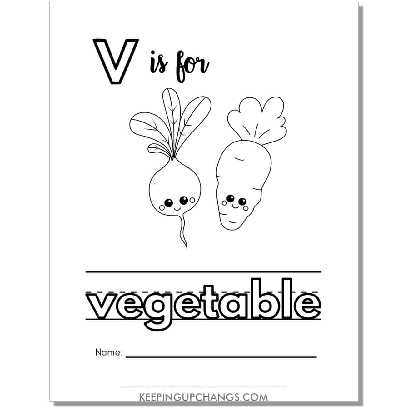 cute letter v coloring page worksheet with vegetables.