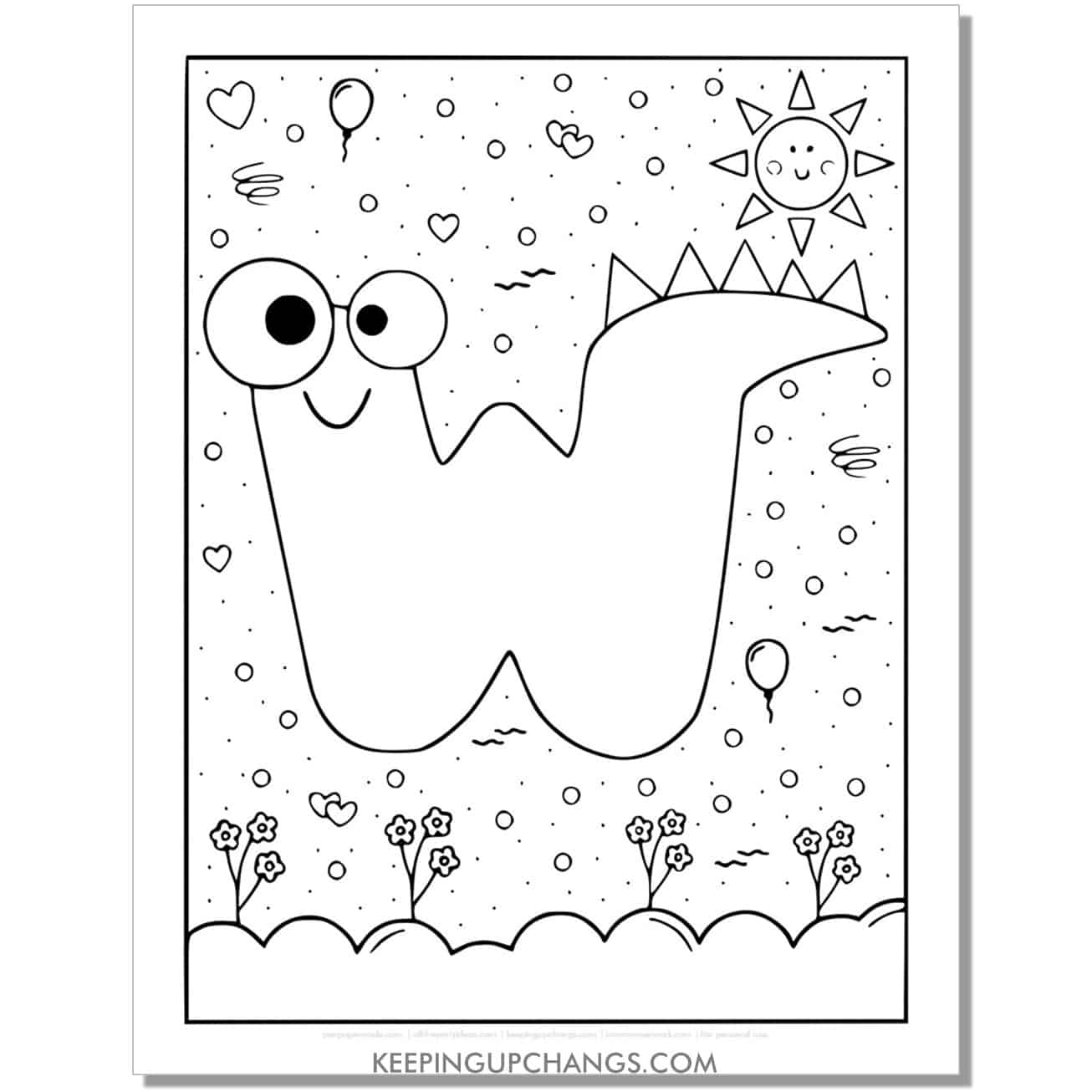 cute w coloring page with monster dinosaur letter.