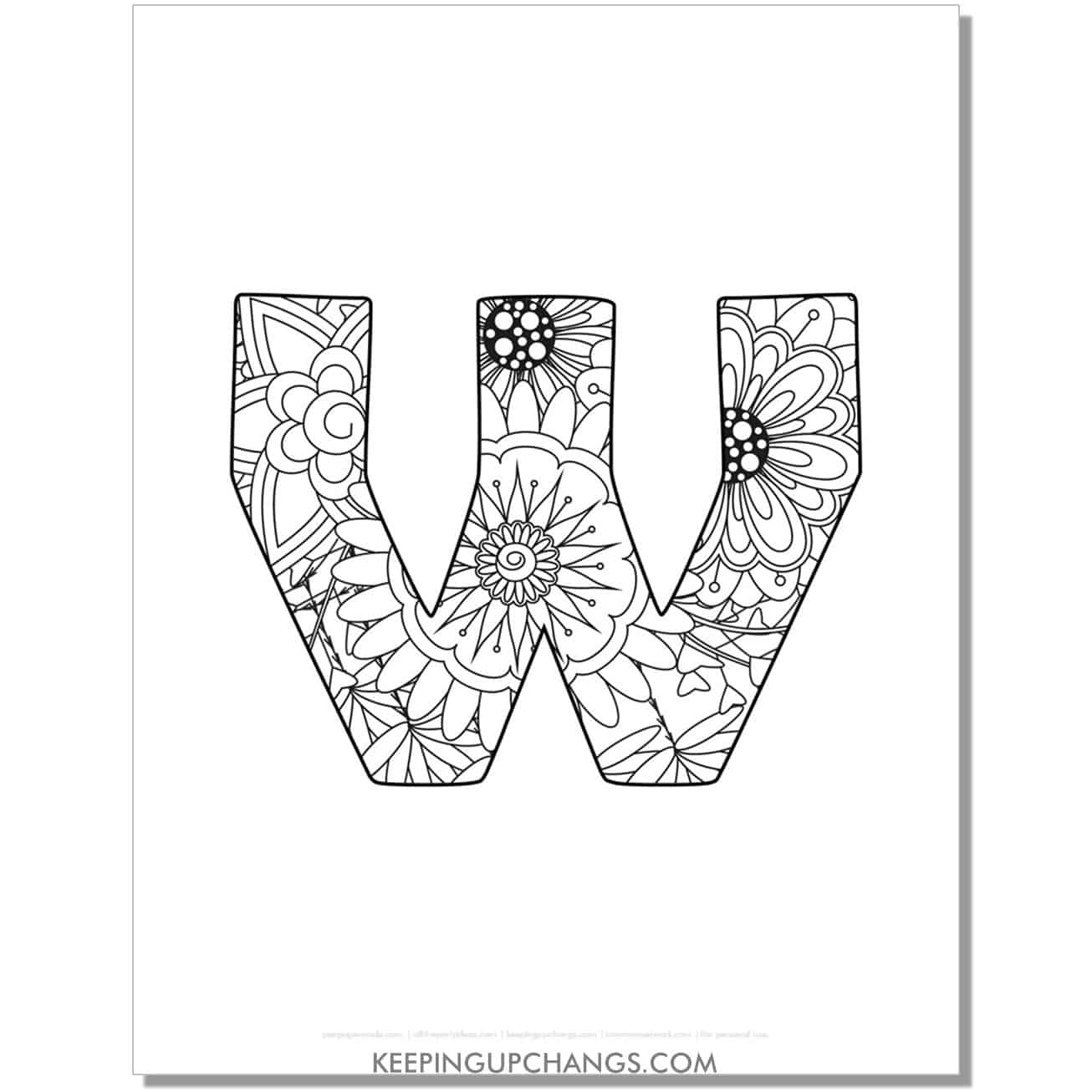 free letter w to color, complex mandala zentangle for adults.