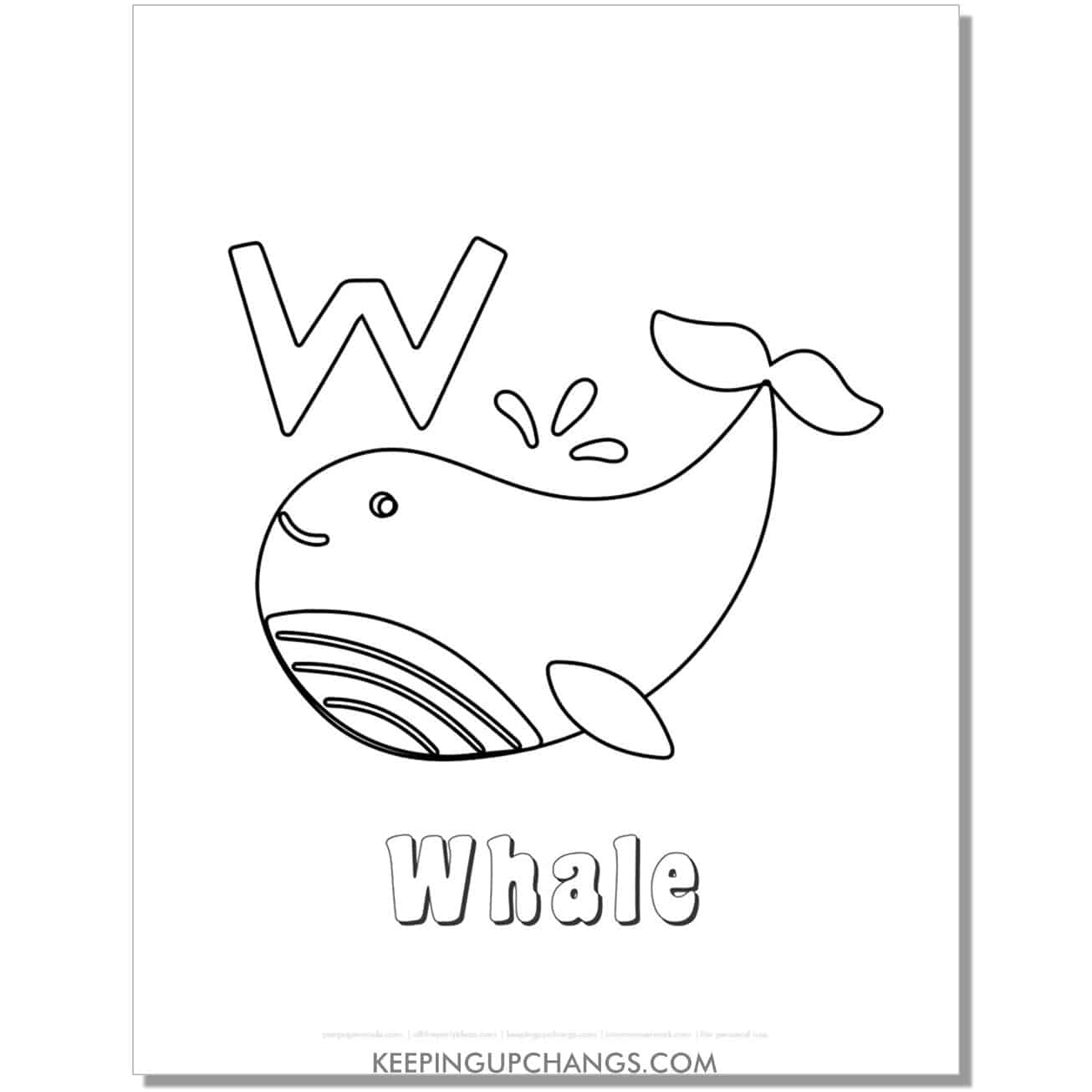 fun abc w coloring page with whale hand drawing.