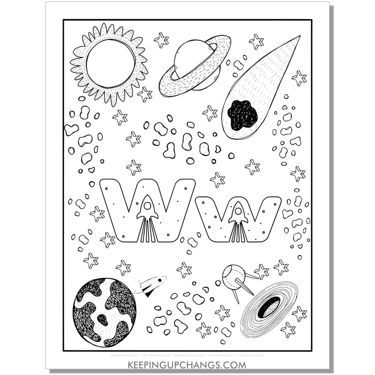 free alphabet letter w coloring page for kids with rockets, space theme.