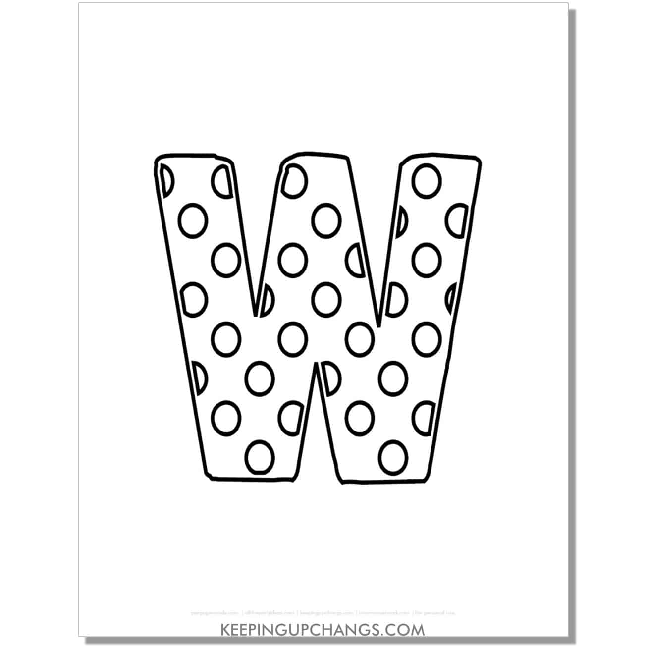 free alphabet letter w coloring page with polka dots for toddlers, preschool, kindergarten.