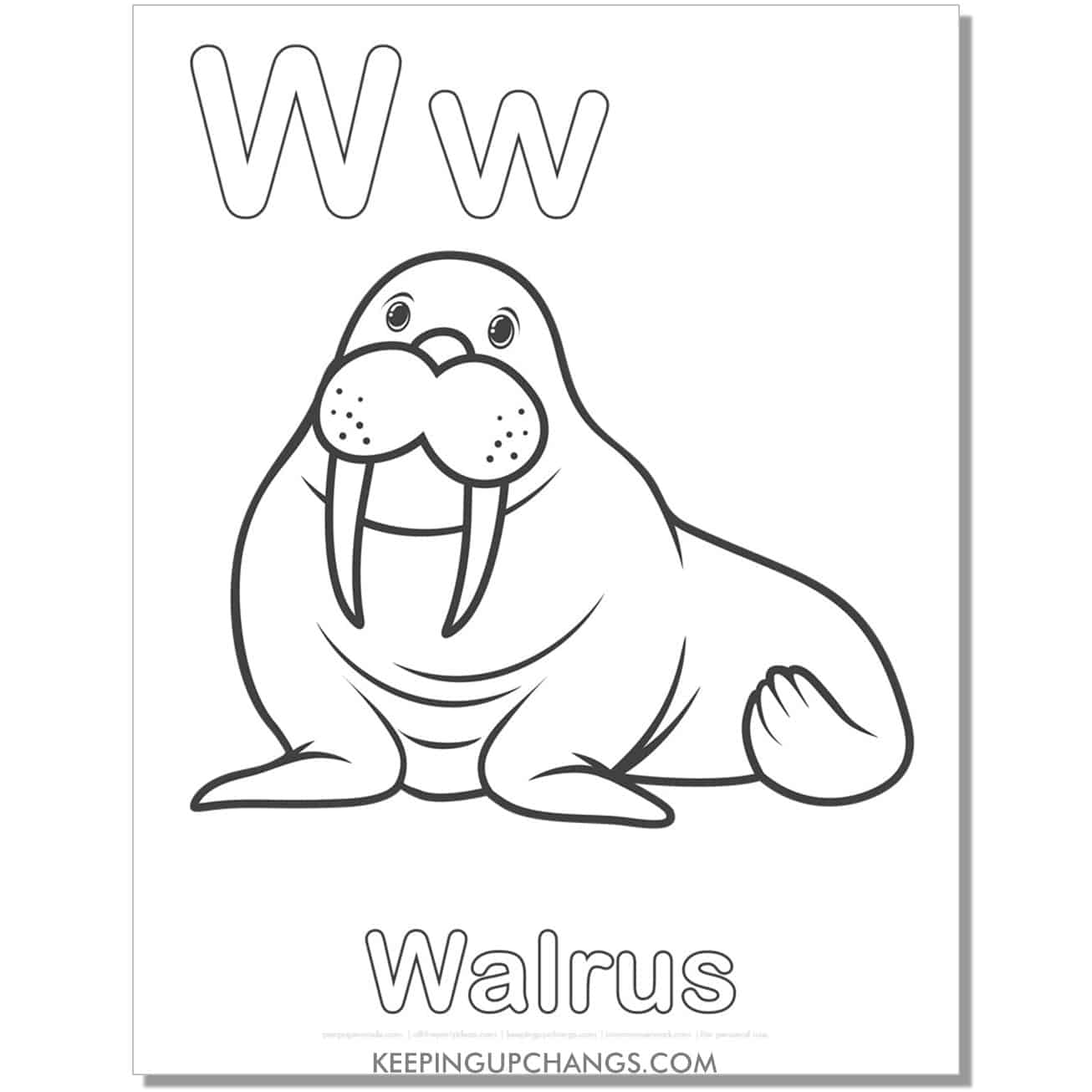 abc coloring sheet, w for walrus.