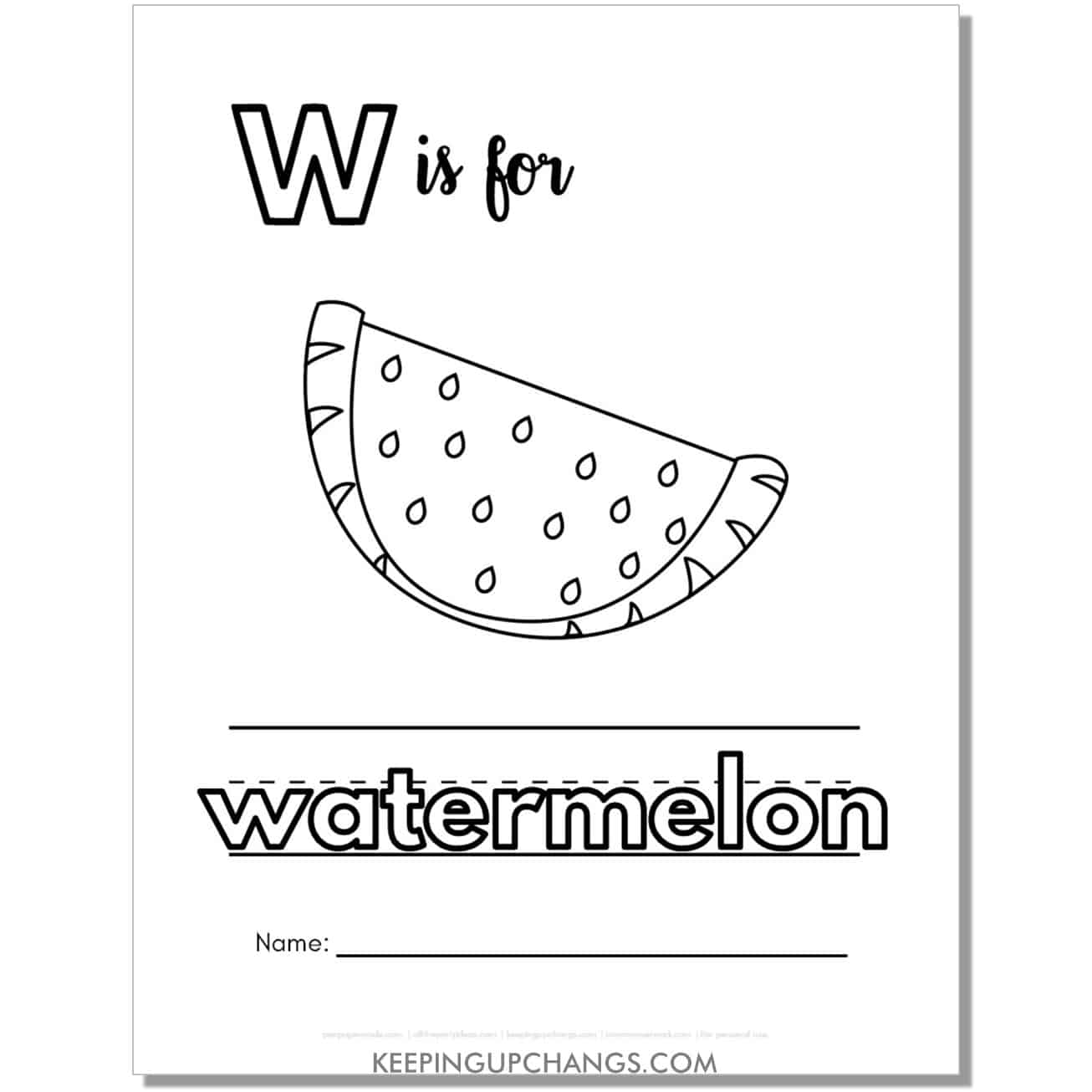 cute letter w coloring page worksheet with watermelon.