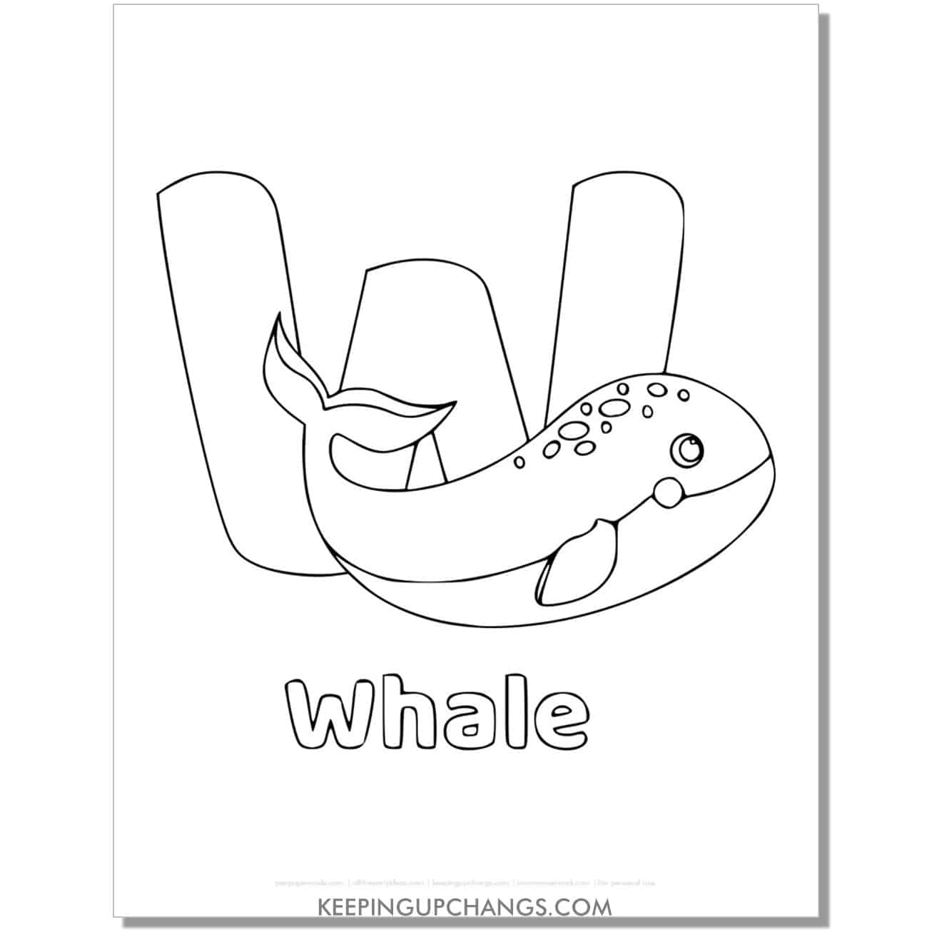 alphabet w coloring worksheet with whale.