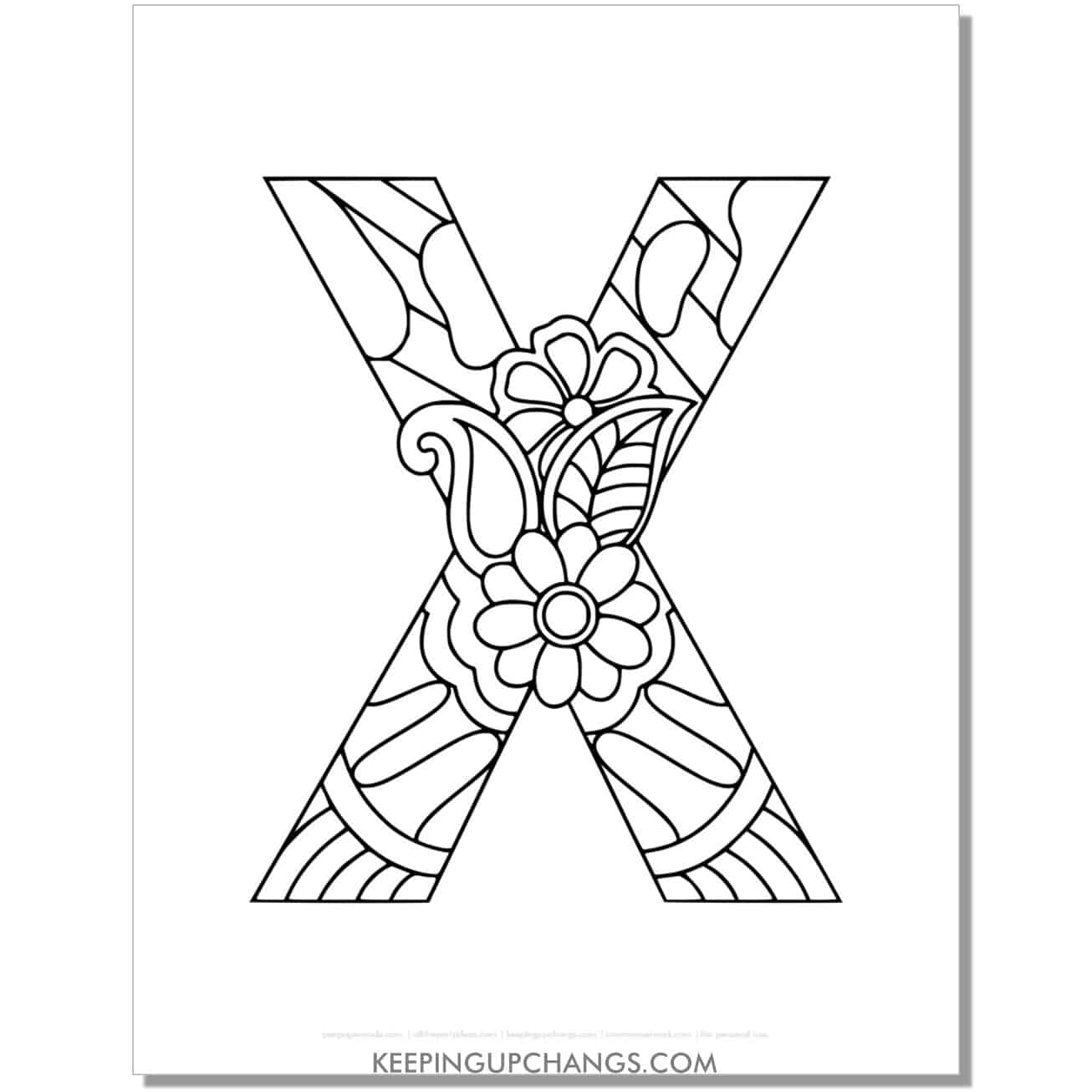 free alphabet x to color, intricate flower mandala zentangle.