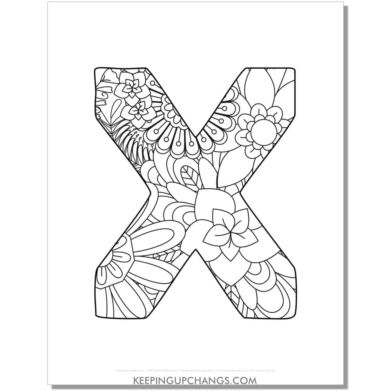 free letter x to color, complex mandala zentangle for adults.