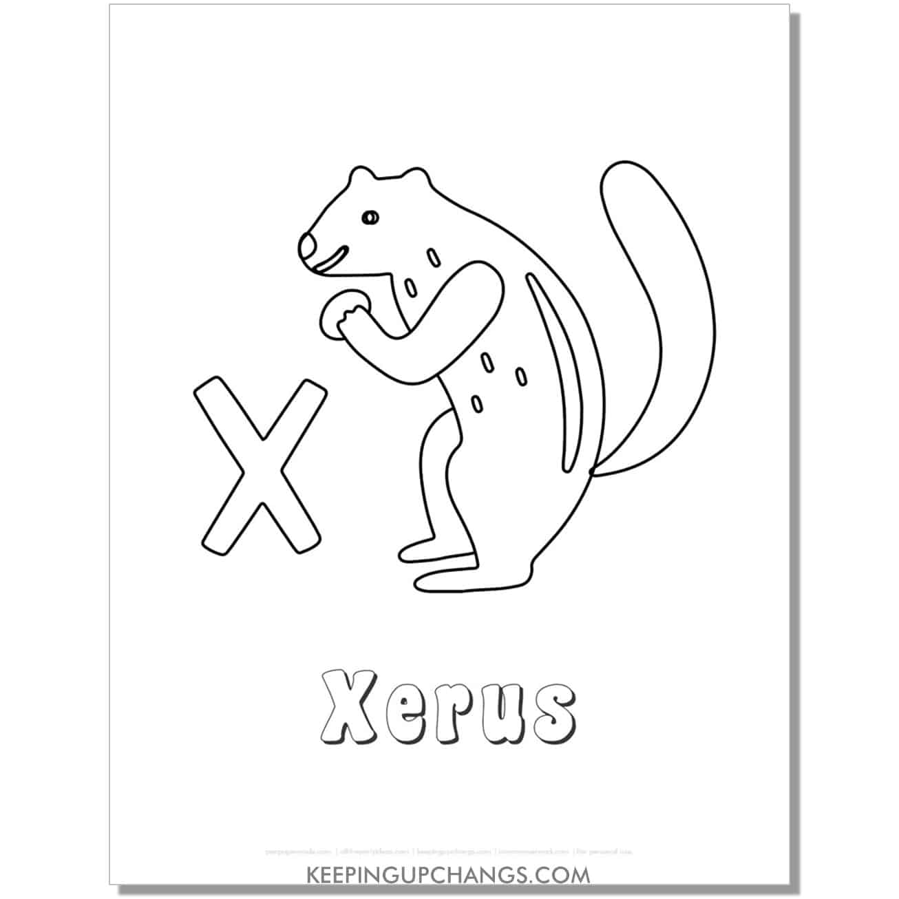 fun abc x coloring page with xerus hand drawing.