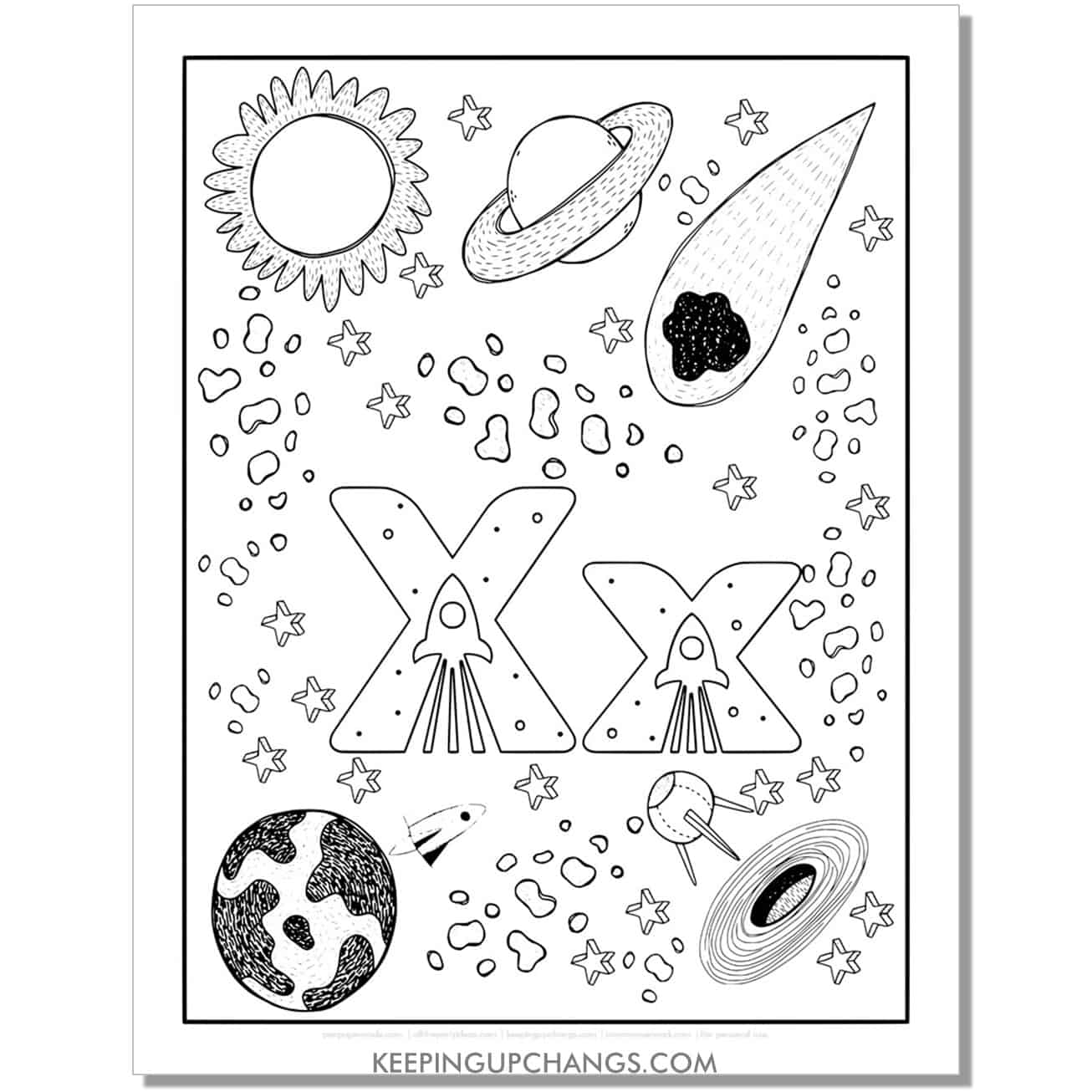 free alphabet letter x coloring page for kids with rockets, space theme.