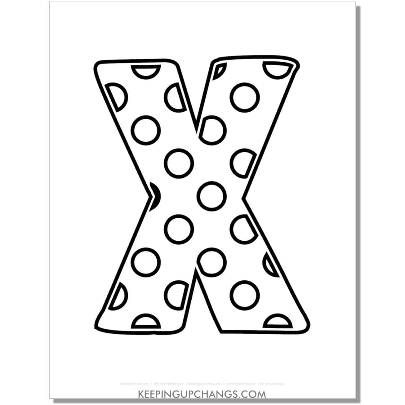 free alphabet letter x coloring page with polka dots for toddlers, preschool, kindergarten.
