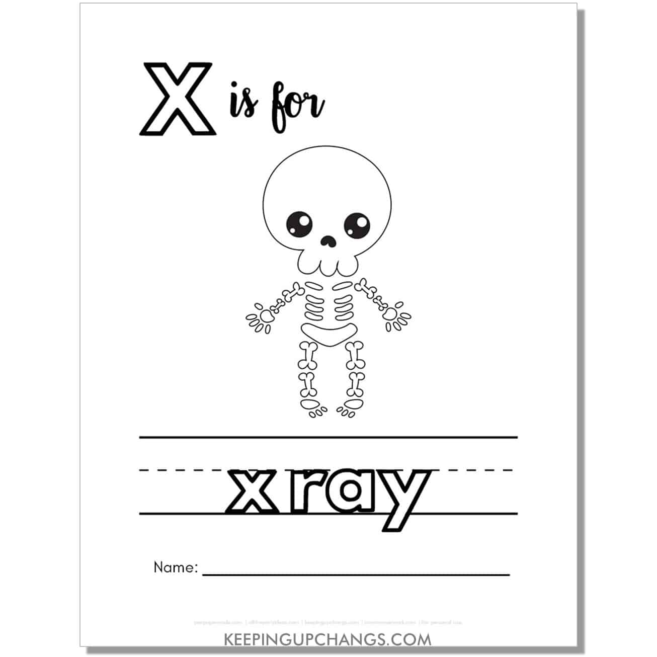 cute letter x coloring page worksheet with x ray.