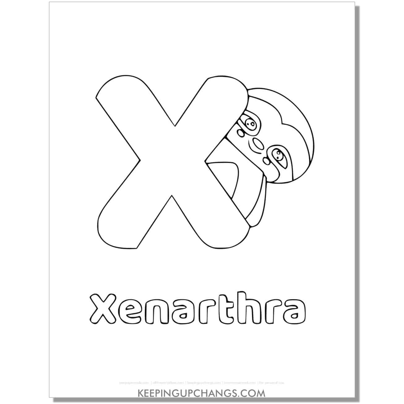 alphabet x coloring worksheet with xenarthra.