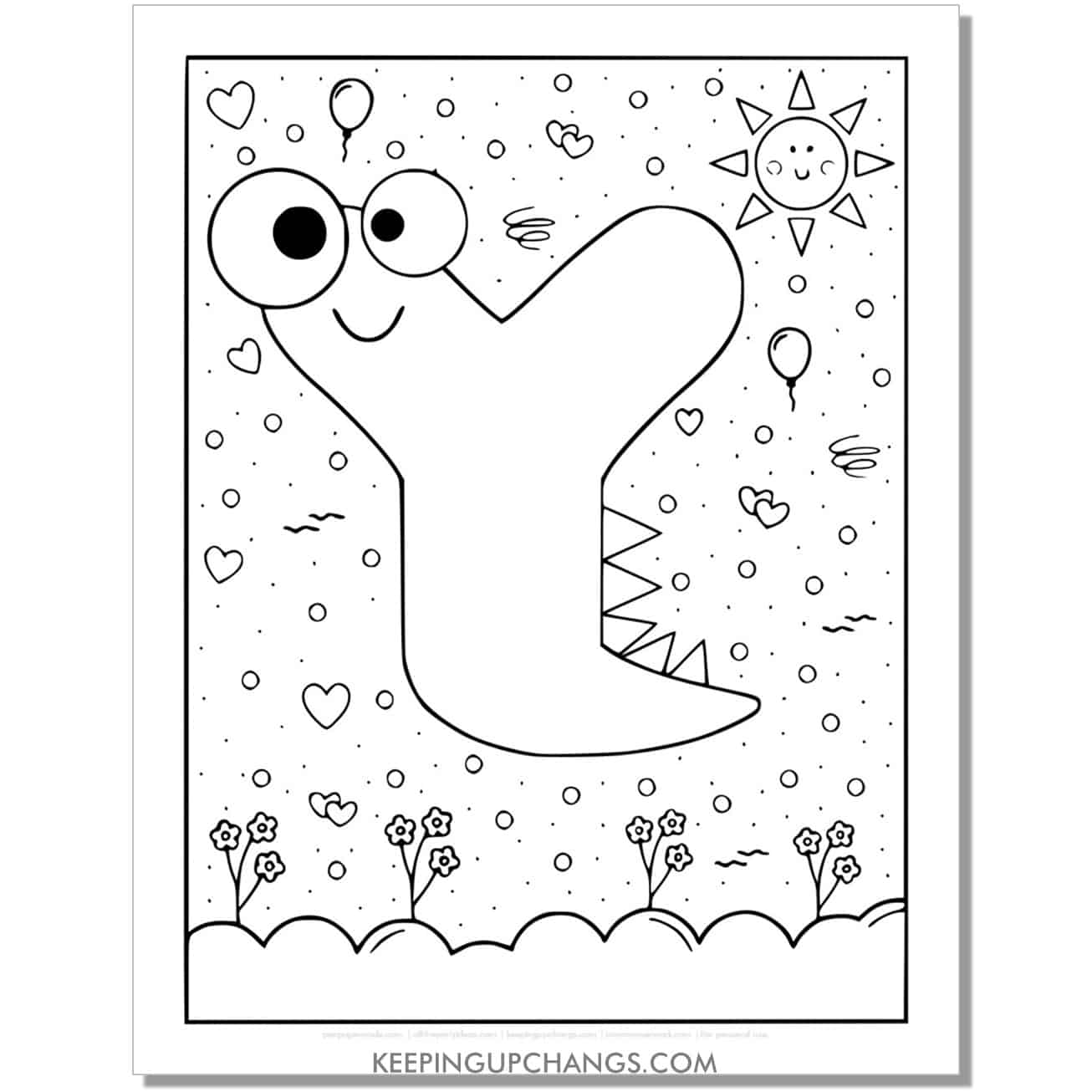 cute y coloring page with monster dinosaur letter.