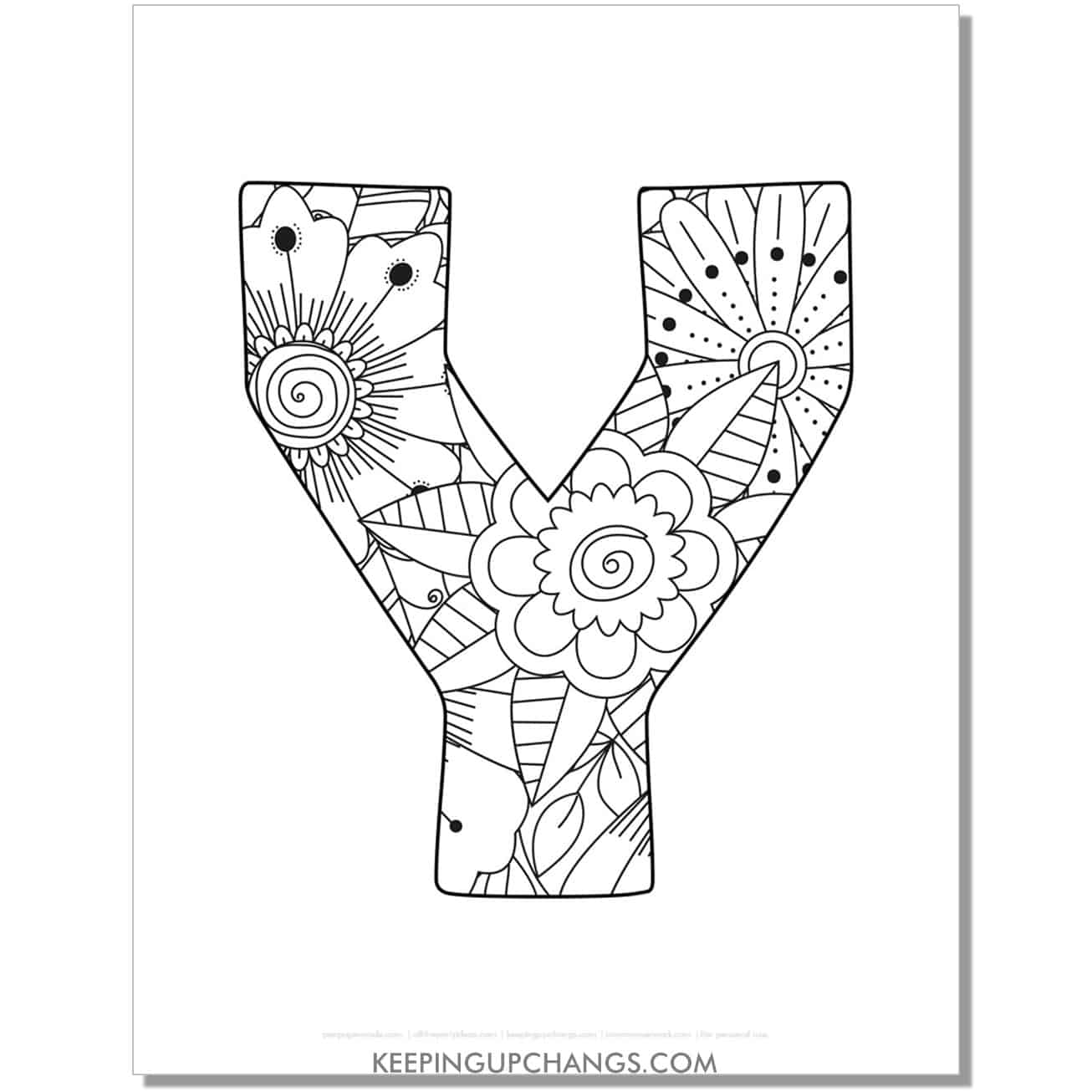 free letter y to color, complex mandala zentangle for adults.
