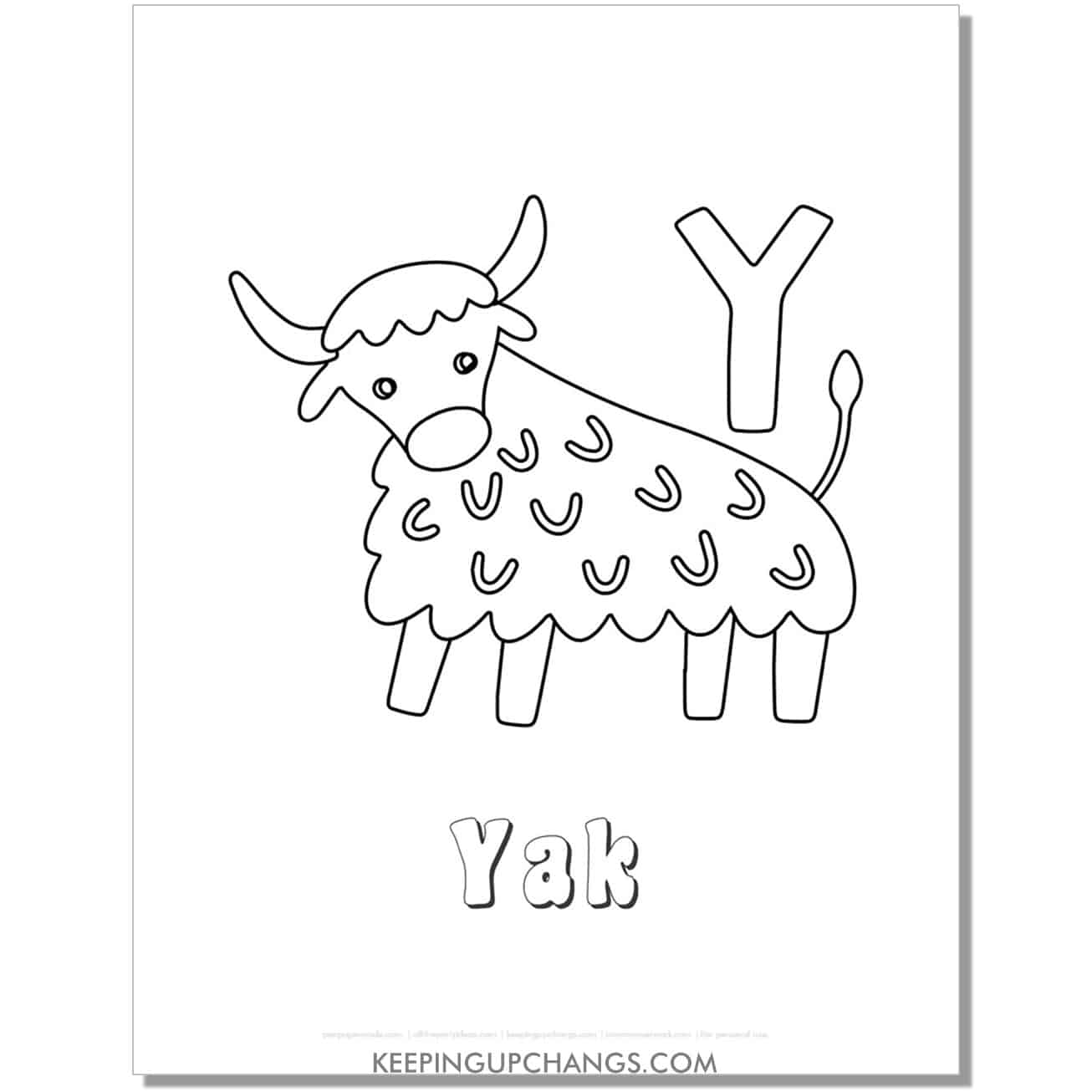 fun abc y coloring page with yak hand drawing.