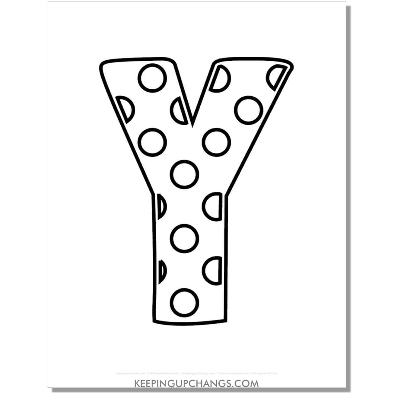 free alphabet letter y coloring page with polka dots for toddlers, preschool, kindergarten.