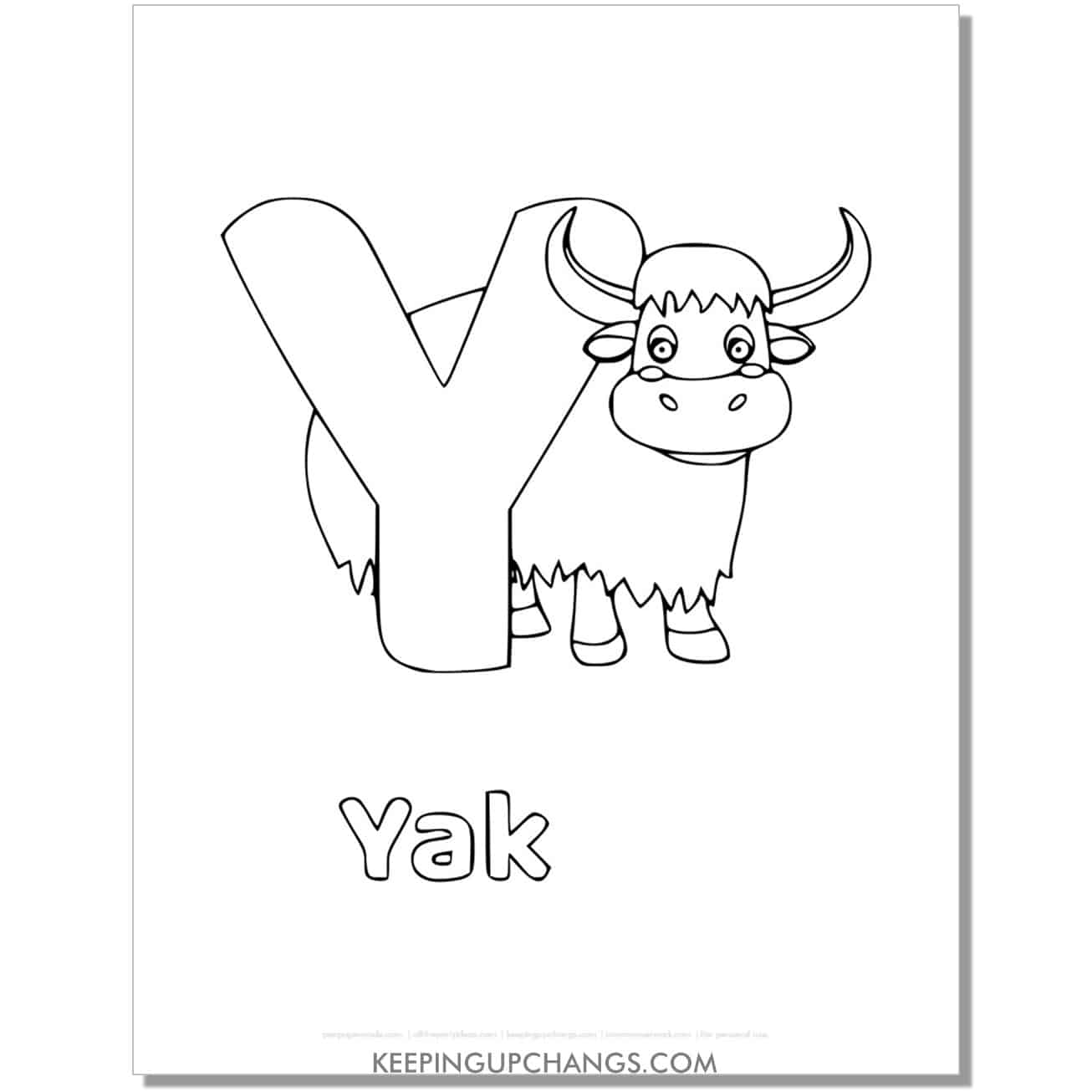 alphabet y coloring worksheet with yak.
