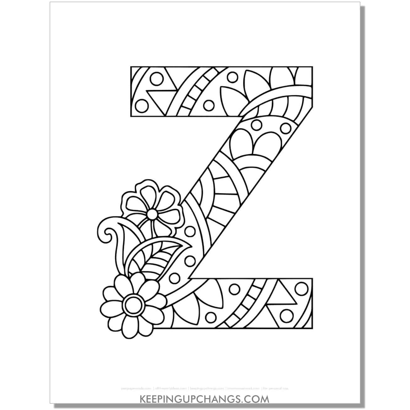 free alphabet z to color, intricate flower mandala zentangle.