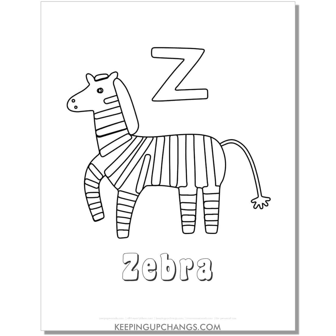 fun abc z coloring page with zebra hand drawing.