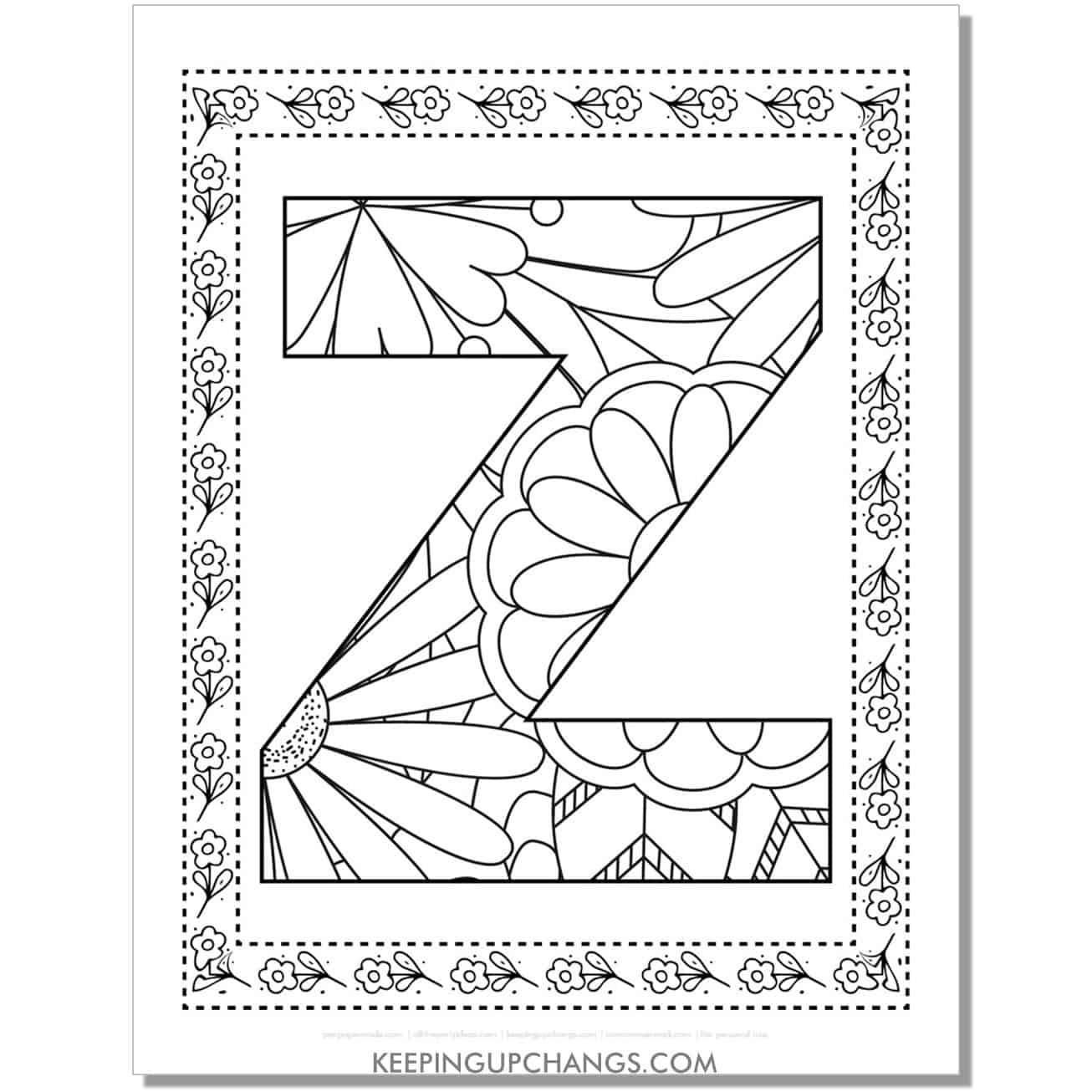 cool alphabet z coloring sheet mandala zentangle with border.