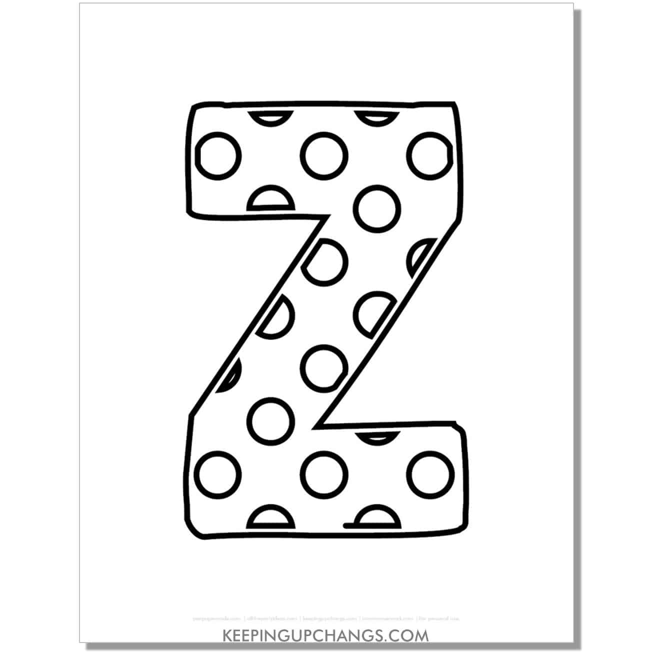 free alphabet letter z coloring page with polka dots for toddlers, preschool, kindergarten.