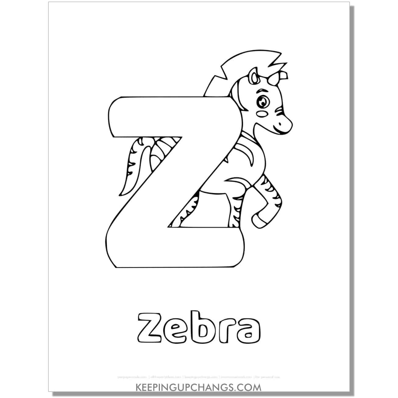 alphabet z coloring worksheet with zebra.