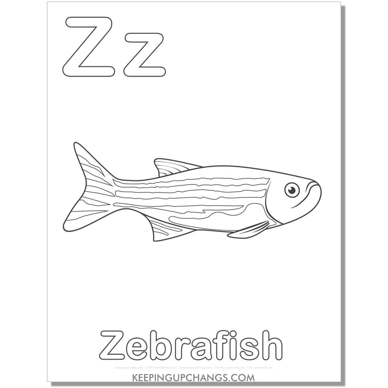 abc coloring sheet, z for zebrafish.