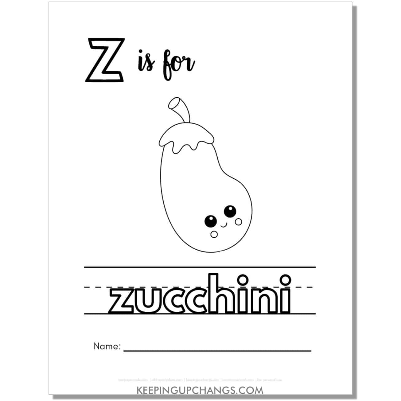 cute letter z coloring page worksheet with zucchini.