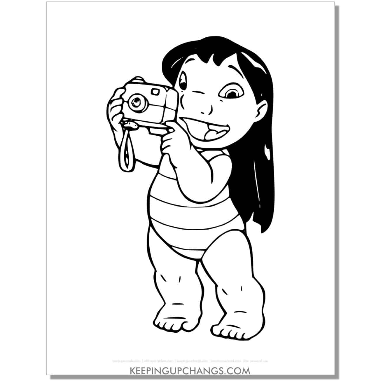 free lilo in bathing suit taking picture with camera coloring page.