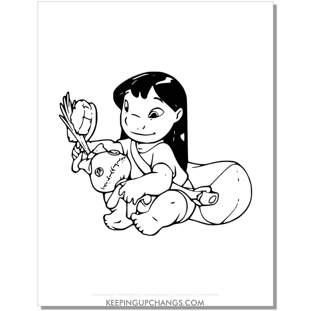 free lilo combing scrump homemade doll's hair coloring page.
