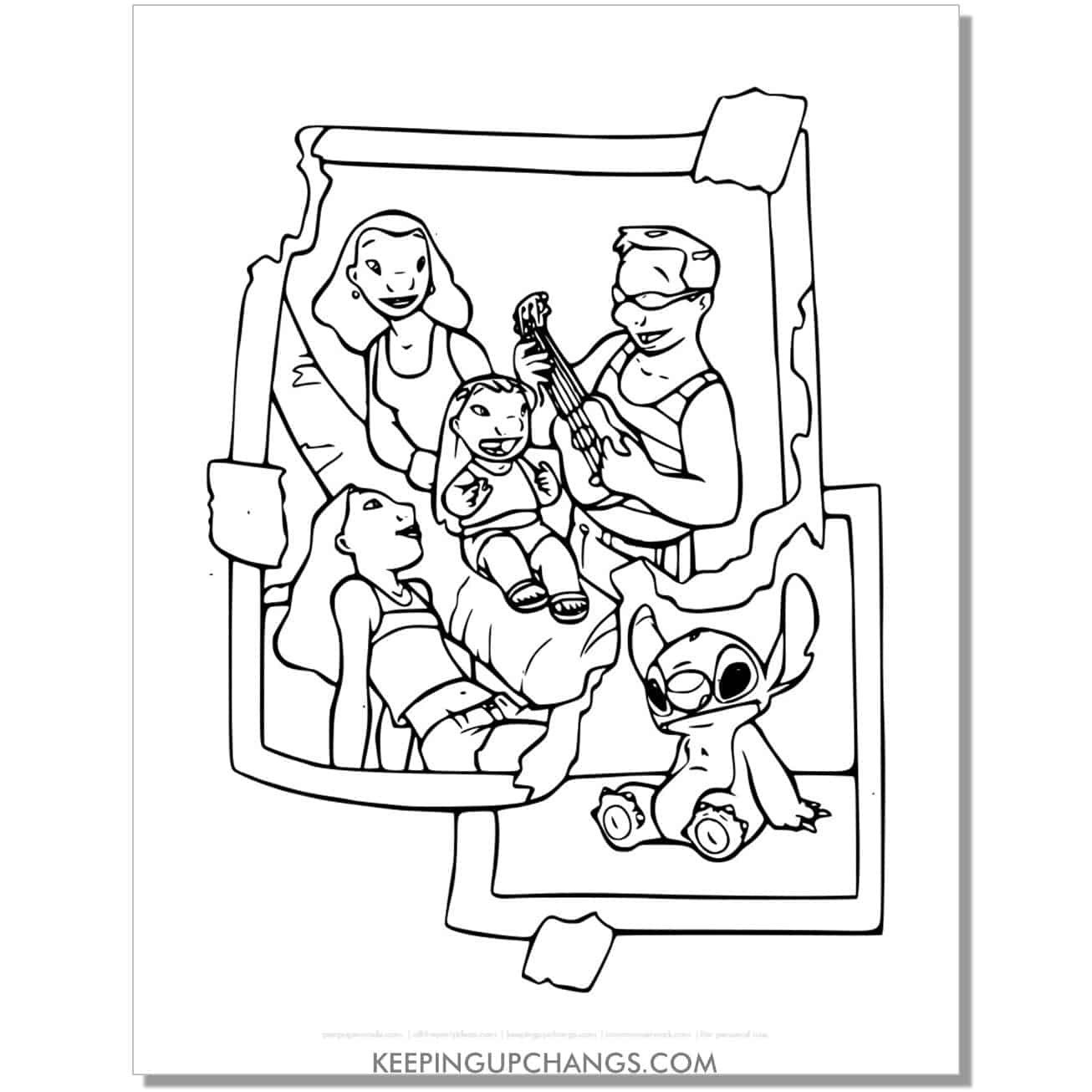 free lilo family photo with parents, sister on coconut tree and stitch coloring page.