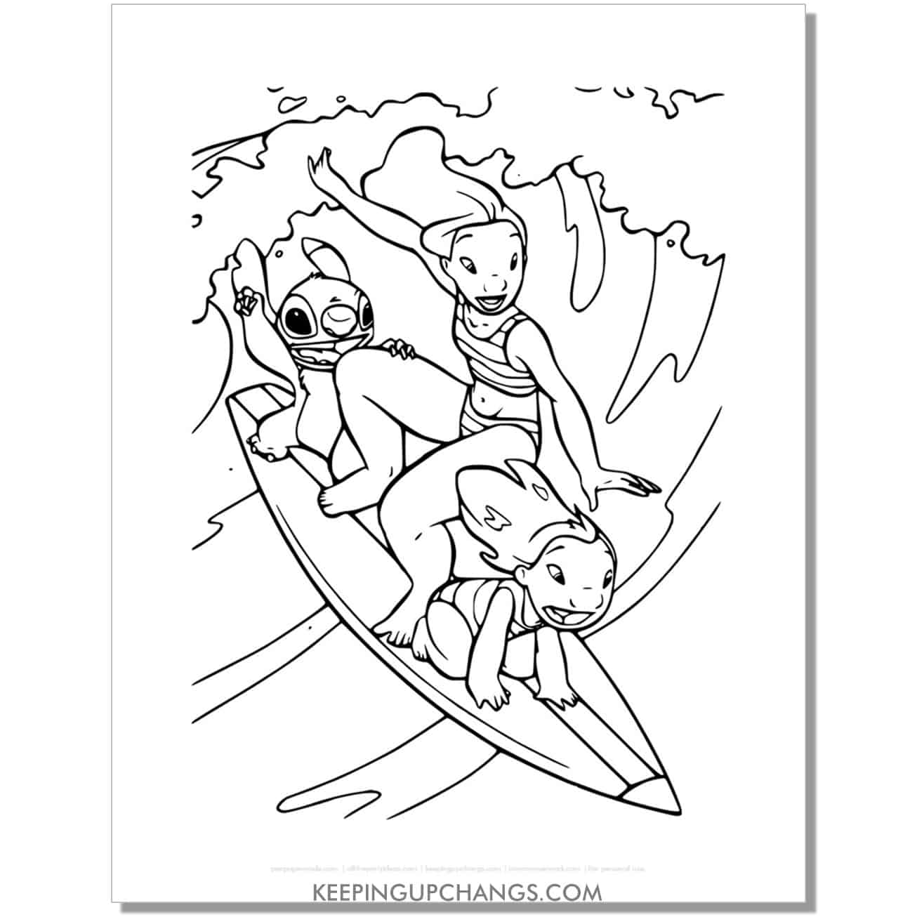 free lilo and stitch surfing with sister nani pelekai coloring page.