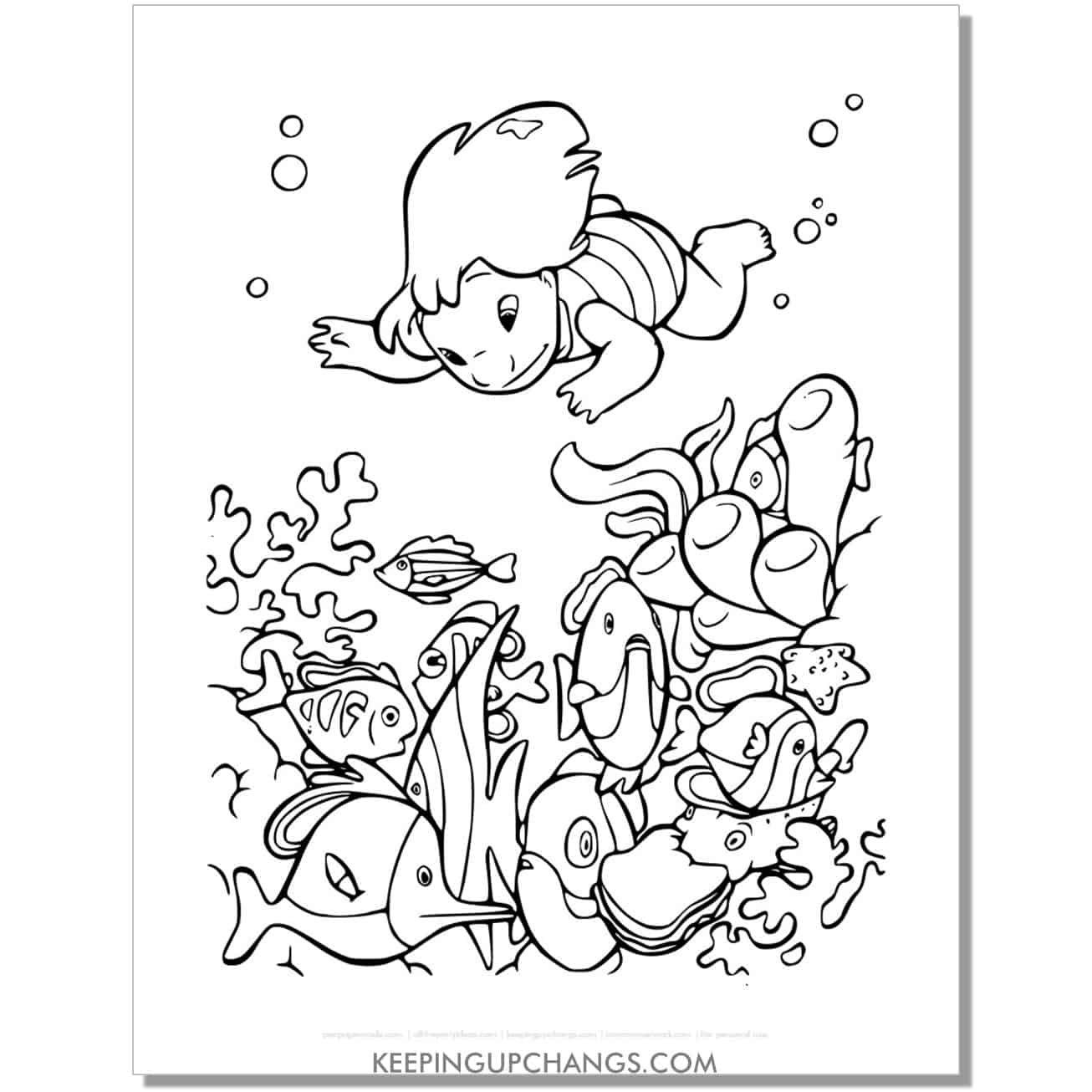 free lilo swimming, looking at fish and coral underwater coloring page.