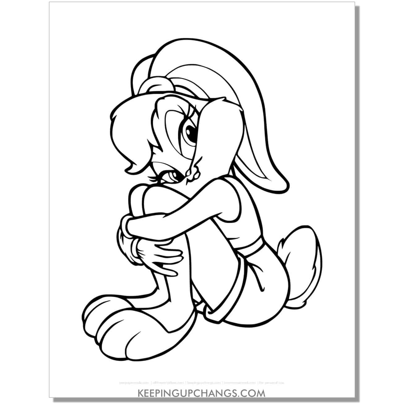 free lola bunny rabbit sitting with knees folded up to head looney tunes coloring page, sheet.