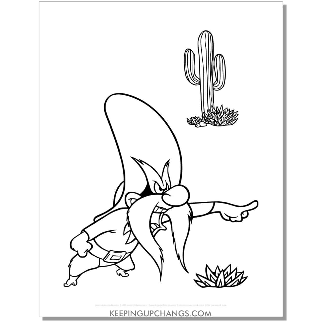 free yosemite sam with cactus looney tunes coloring page, sheet.