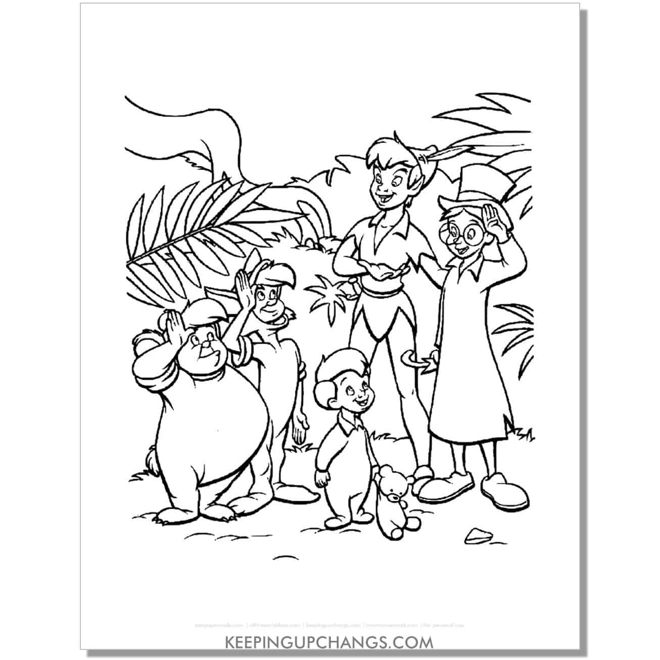 lost boys and john darling salute to peter pan coloring page, sheet.