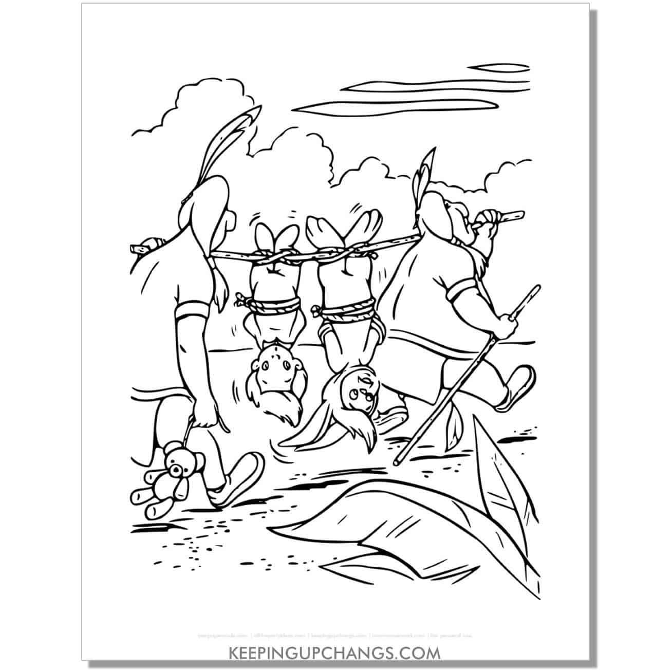 native americans carry lost boys on rope coloring page, sheet.