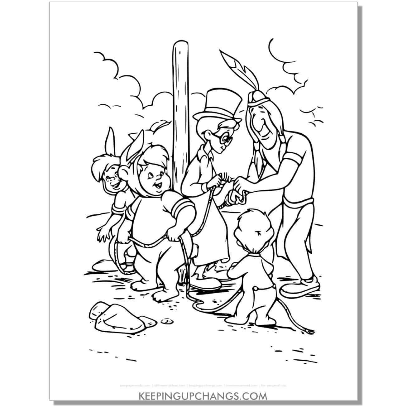 native american unties darling brothers and lost boys coloring page, sheet.