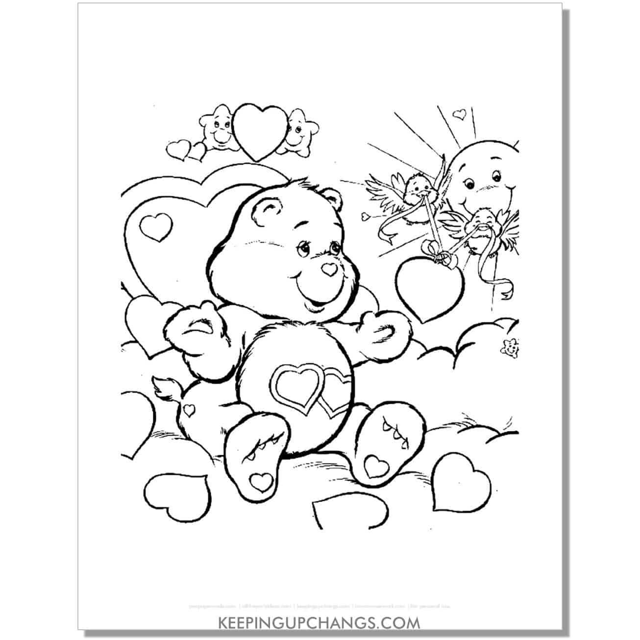 love a lot bear with hearts, birds, stars care bear coloring page, sheet.