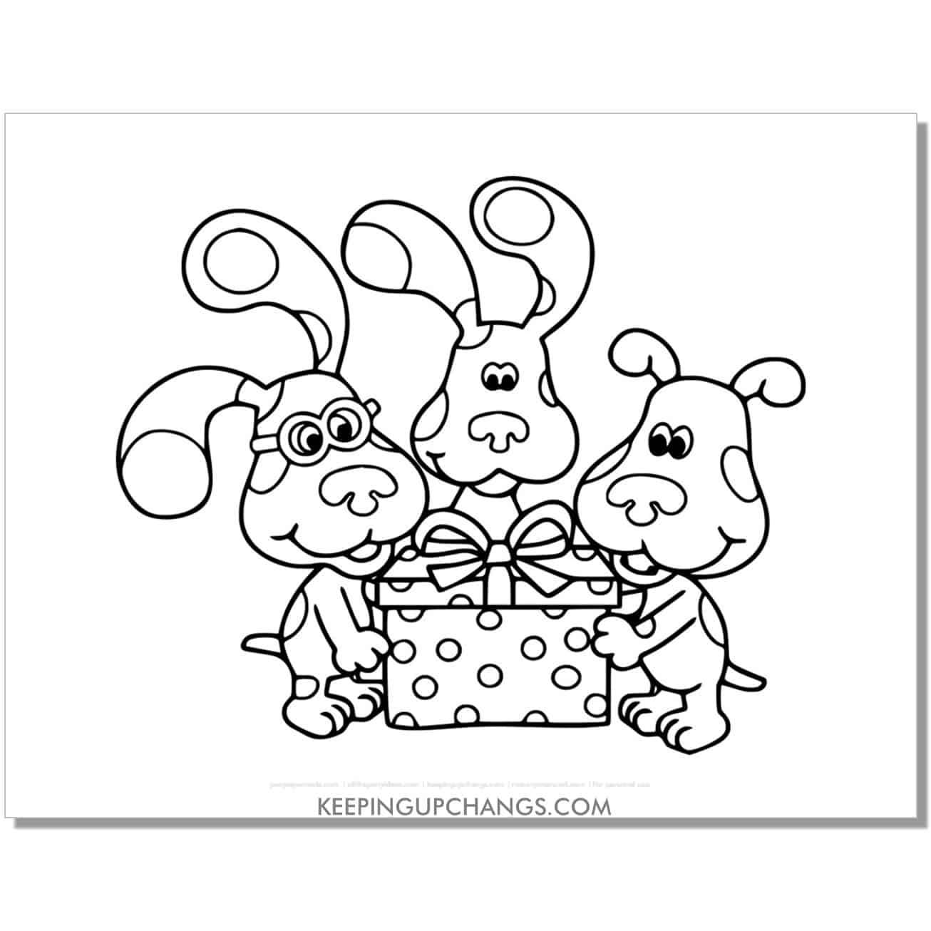 free magenta, blue, green puppy holding christmas present blue's clues coloring page, sheet.
