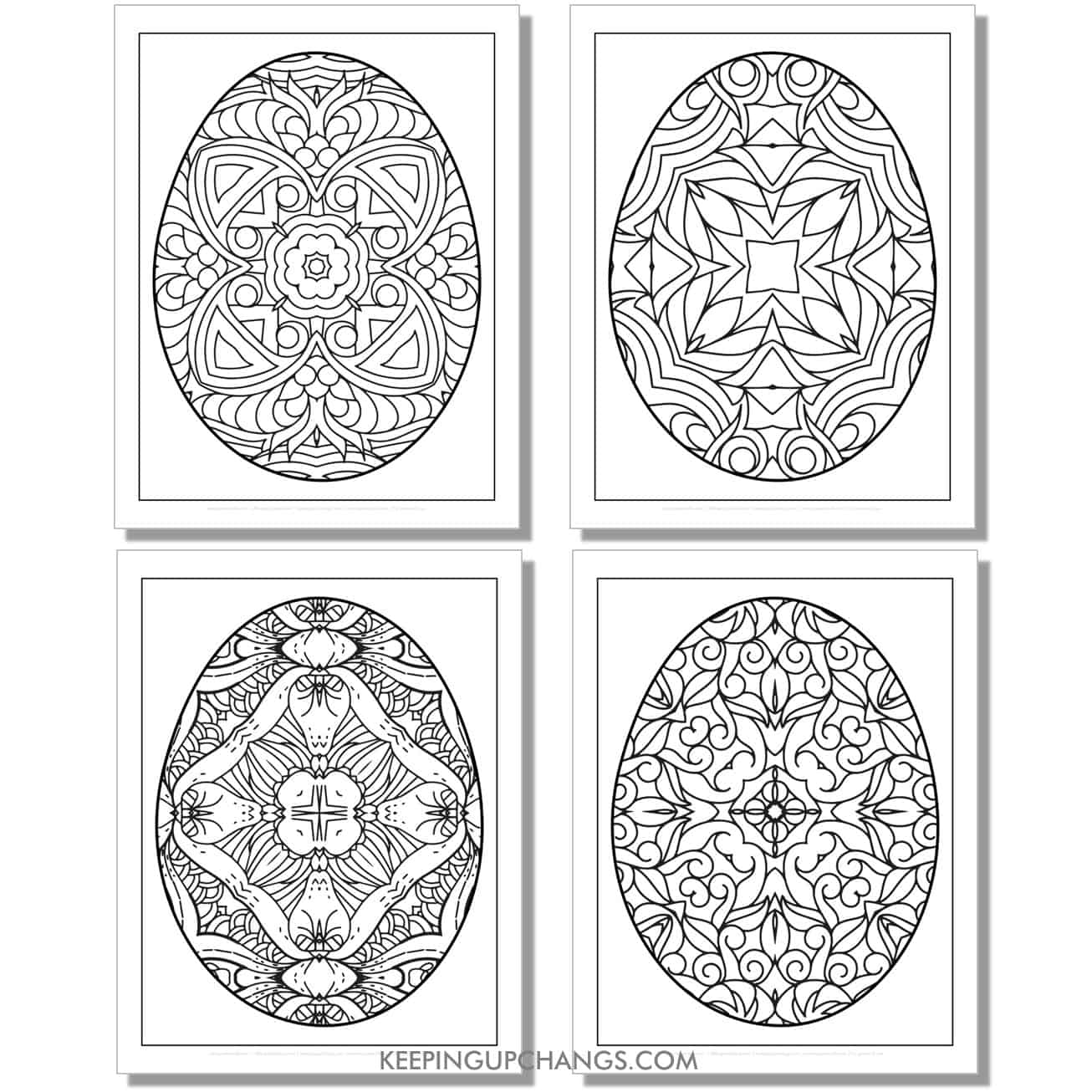 free large adult mandala easter eggs set 5 coloring page, sheet.