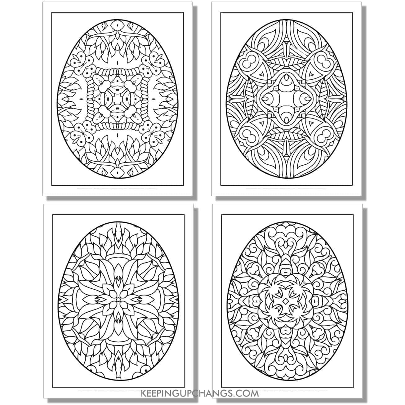 free large adult mandala easter eggs set 4 coloring page, sheet.