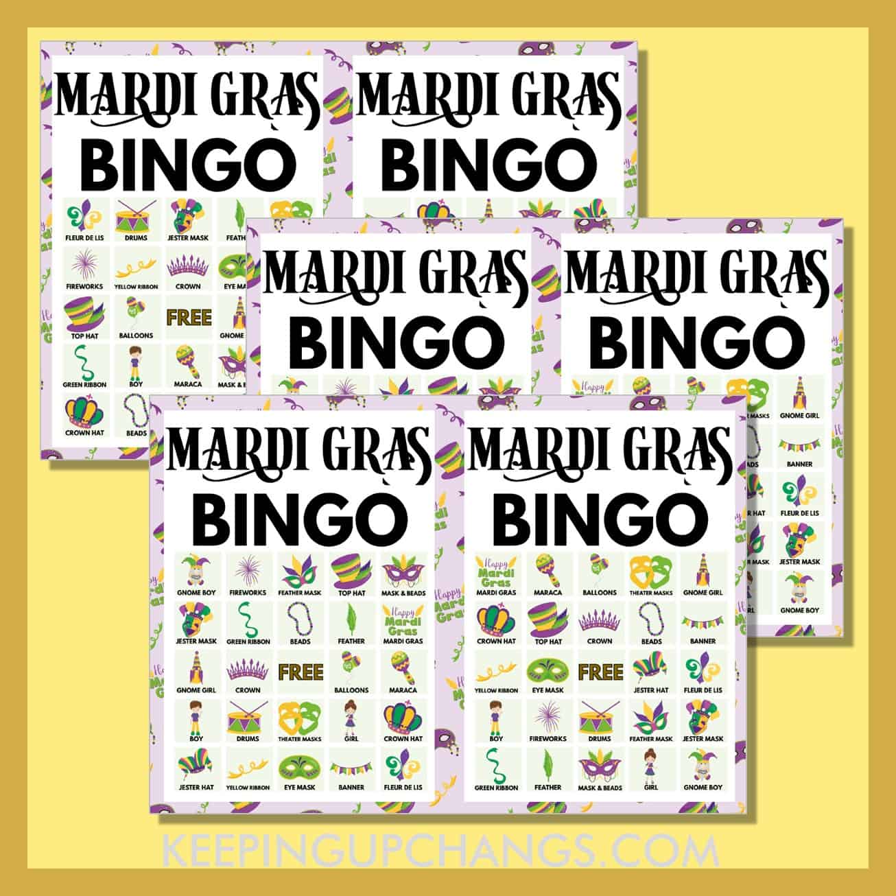 free mardi gras bingo 5x5 game cards.