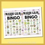 free mardi gras bingo card 5x5 5x7 game boards with images and text words.