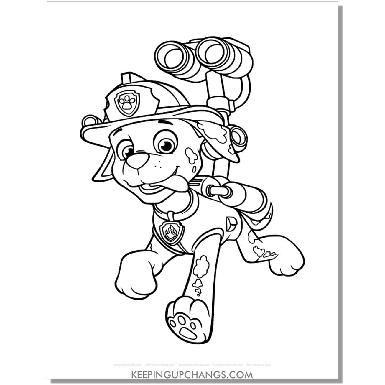 free marshall with action gear ready paw patrol coloring page, sheet.