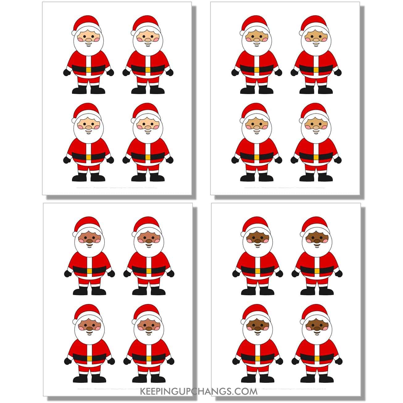 free medium standing santa outline, cut out template in color, red, black, white for light, medium, dark skin tones, races.