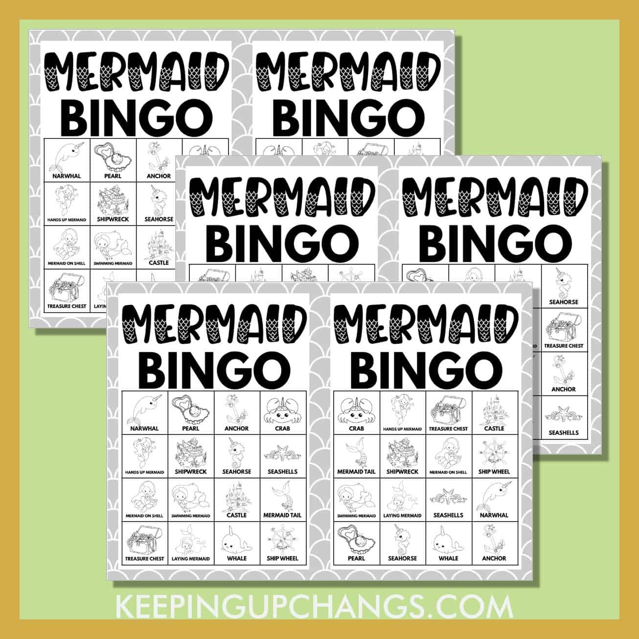 free black, white mermaid bingo 4x4 game cards.